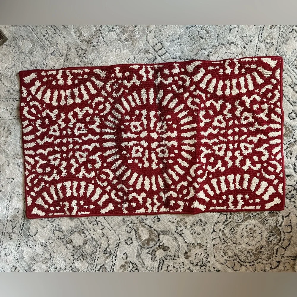 Red and white print kitchen floor mat